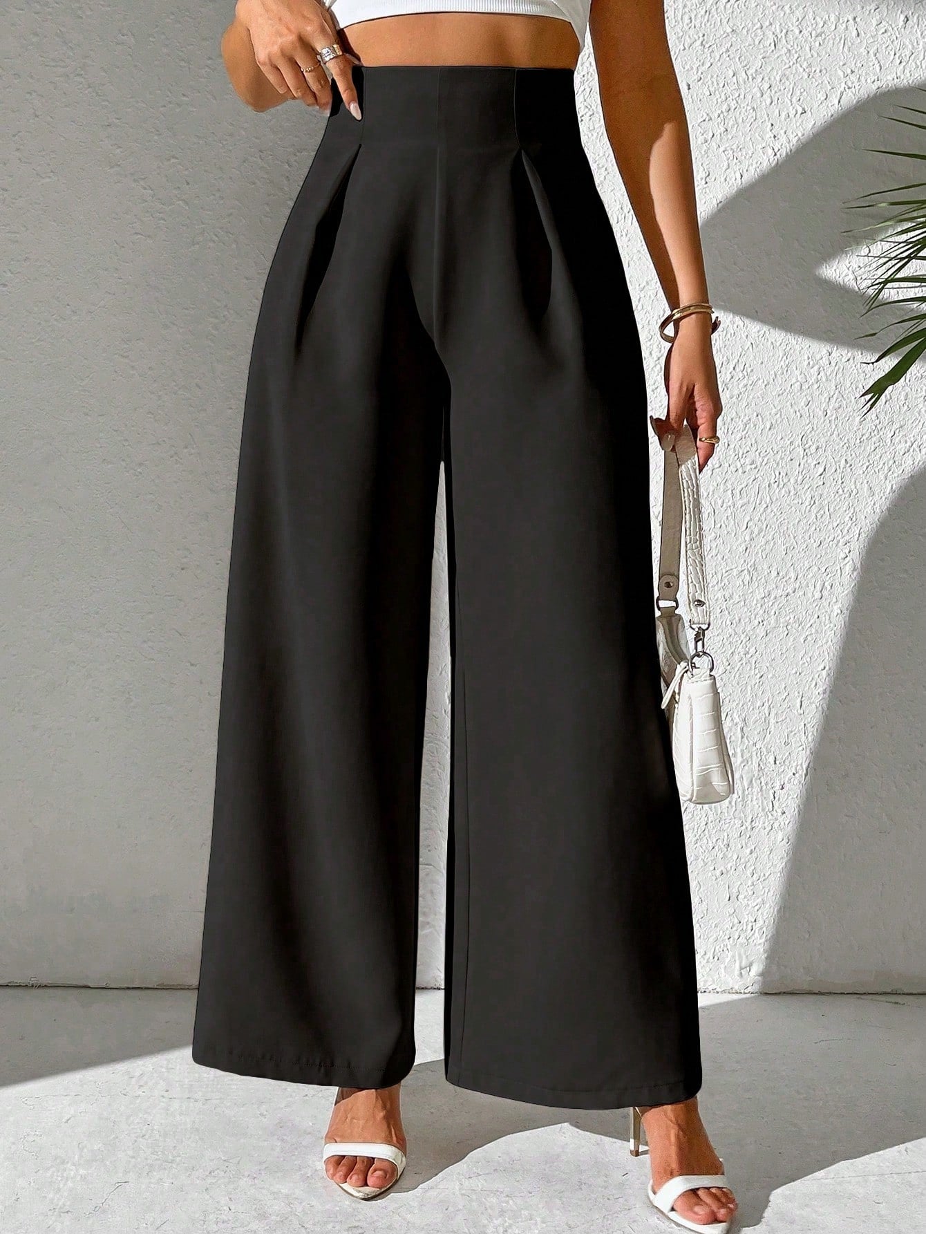 Women Wide Leg Casual Pants With Textured Solid Color Fabric