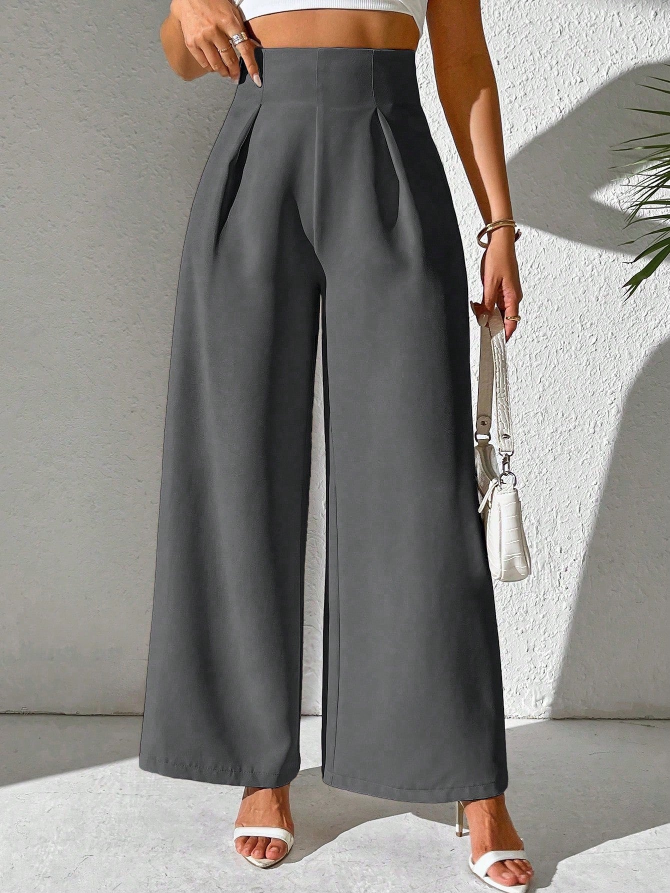 Women Wide Leg Casual Pants With Textured Solid Color Fabric