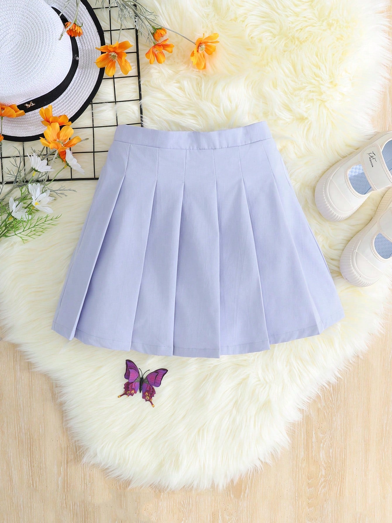 Tween Girl Sweet And Cool Plain Woven Pleated Skirt For Daily Wear