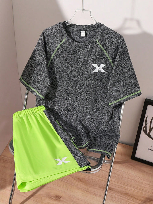 2pcs/Set Teen Boy Casual Sports Outfit, Including Colorblock Round Neck Sweatshirt And Shorts With Small Pattern Print