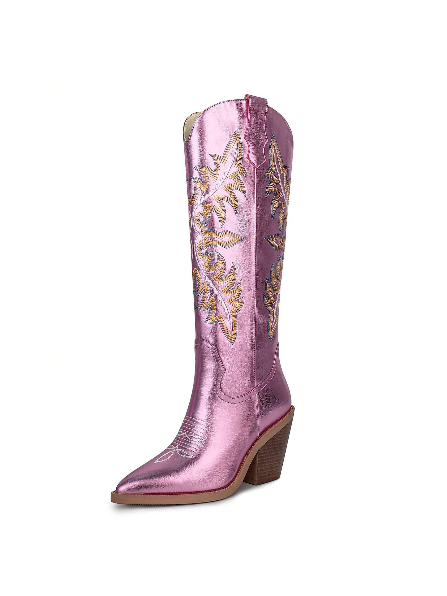 ISNOM Cowgirl Boots For Women Embroidered Western Boots With Pointed Toe Side Zipper Chunky Block Heel Cowboy Boots