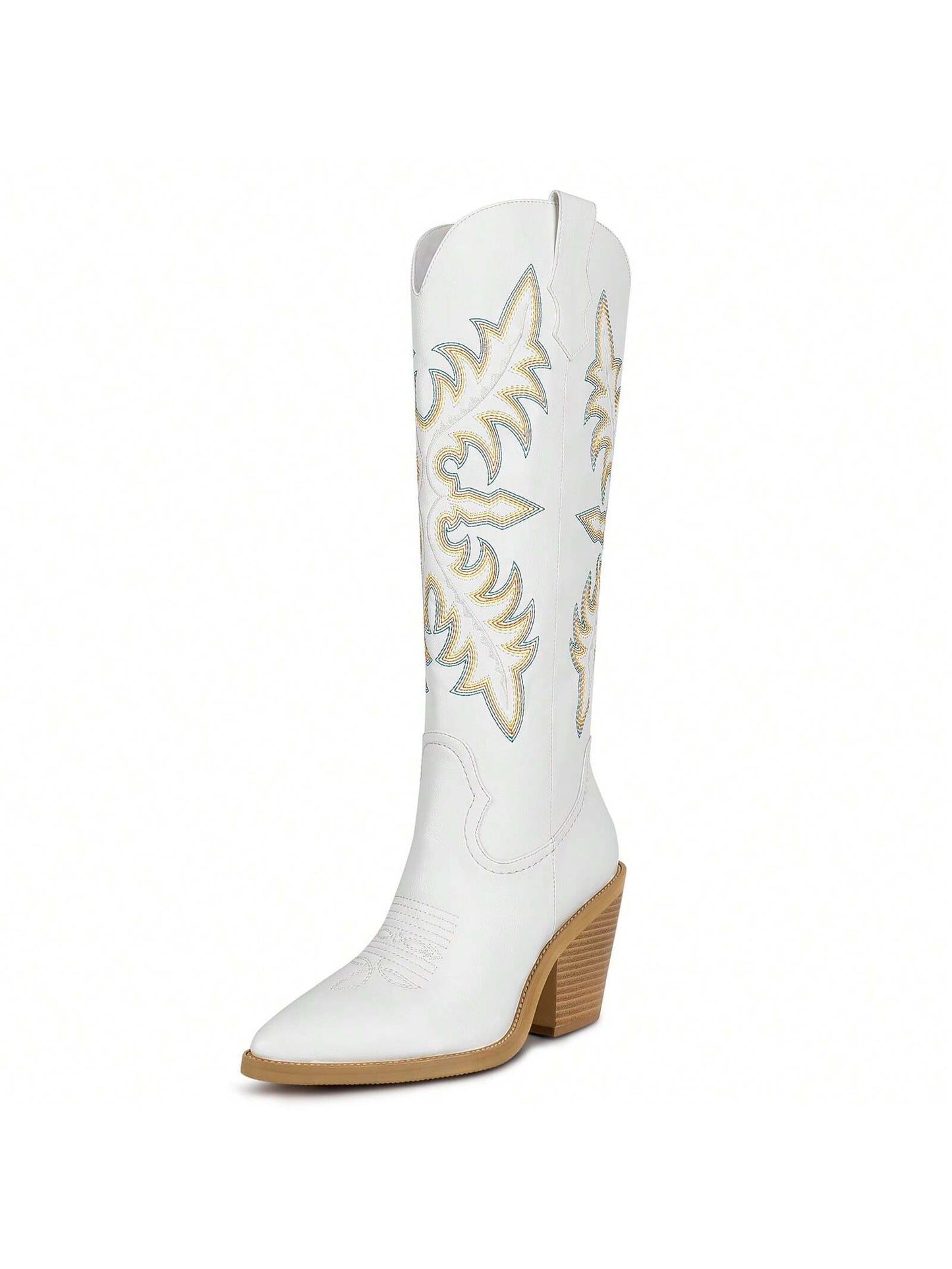 ISNOM Cowgirl Boots For Women Embroidered Western Boots With Pointed Toe Side Zipper Chunky Block Heel Cowboy Boots