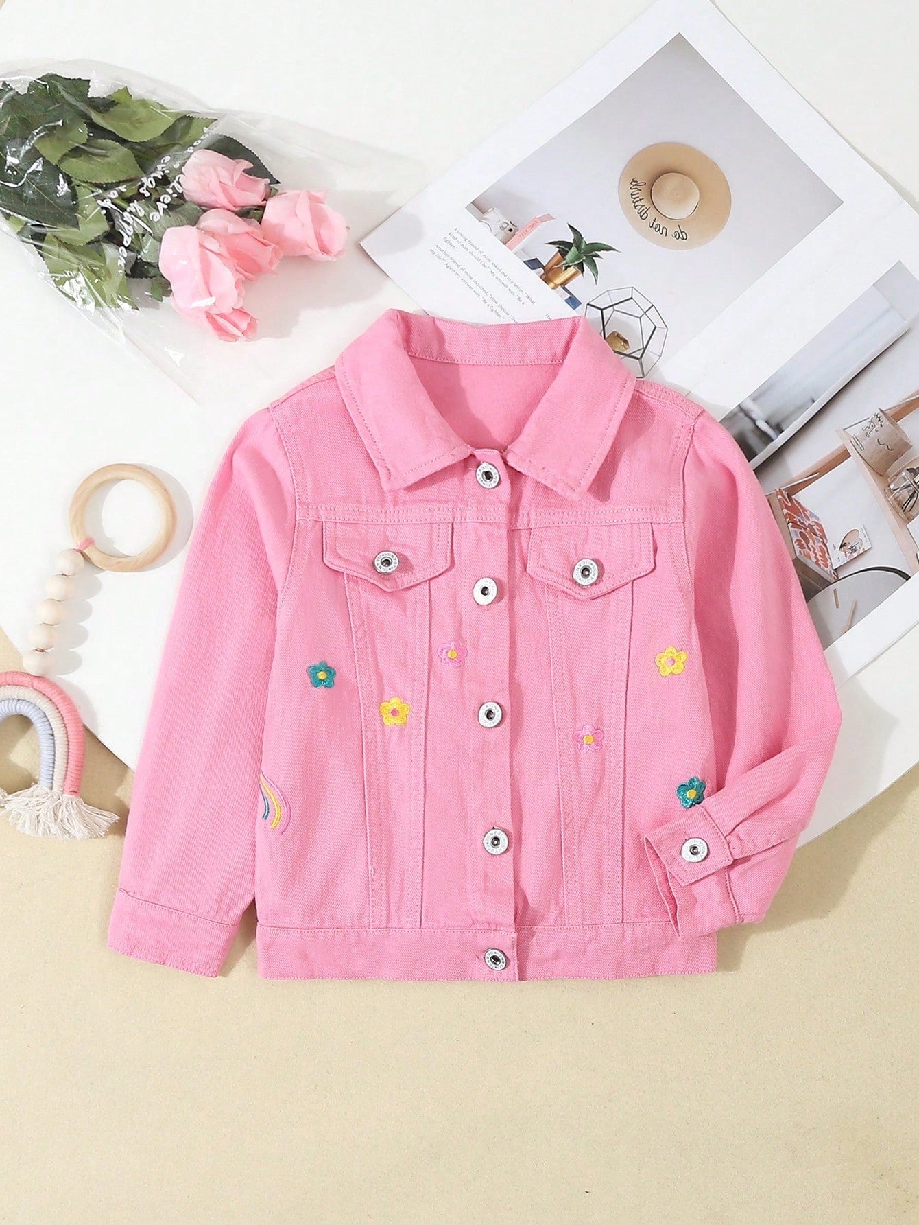 Young Girl Fashionable Flower Printed Long Sleeve Denim Jacket