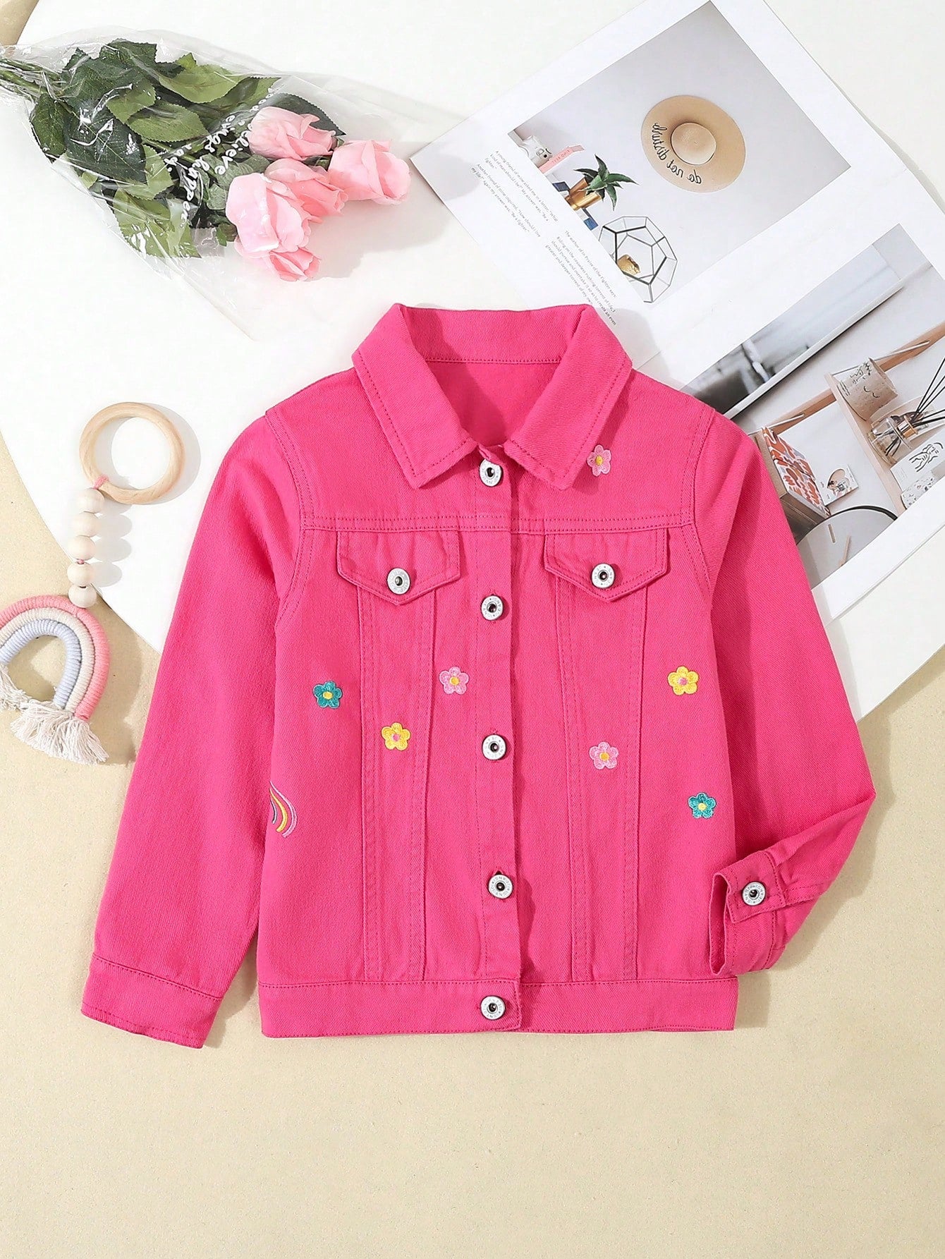 Young Girl Fashionable Flower Printed Long Sleeve Denim Jacket