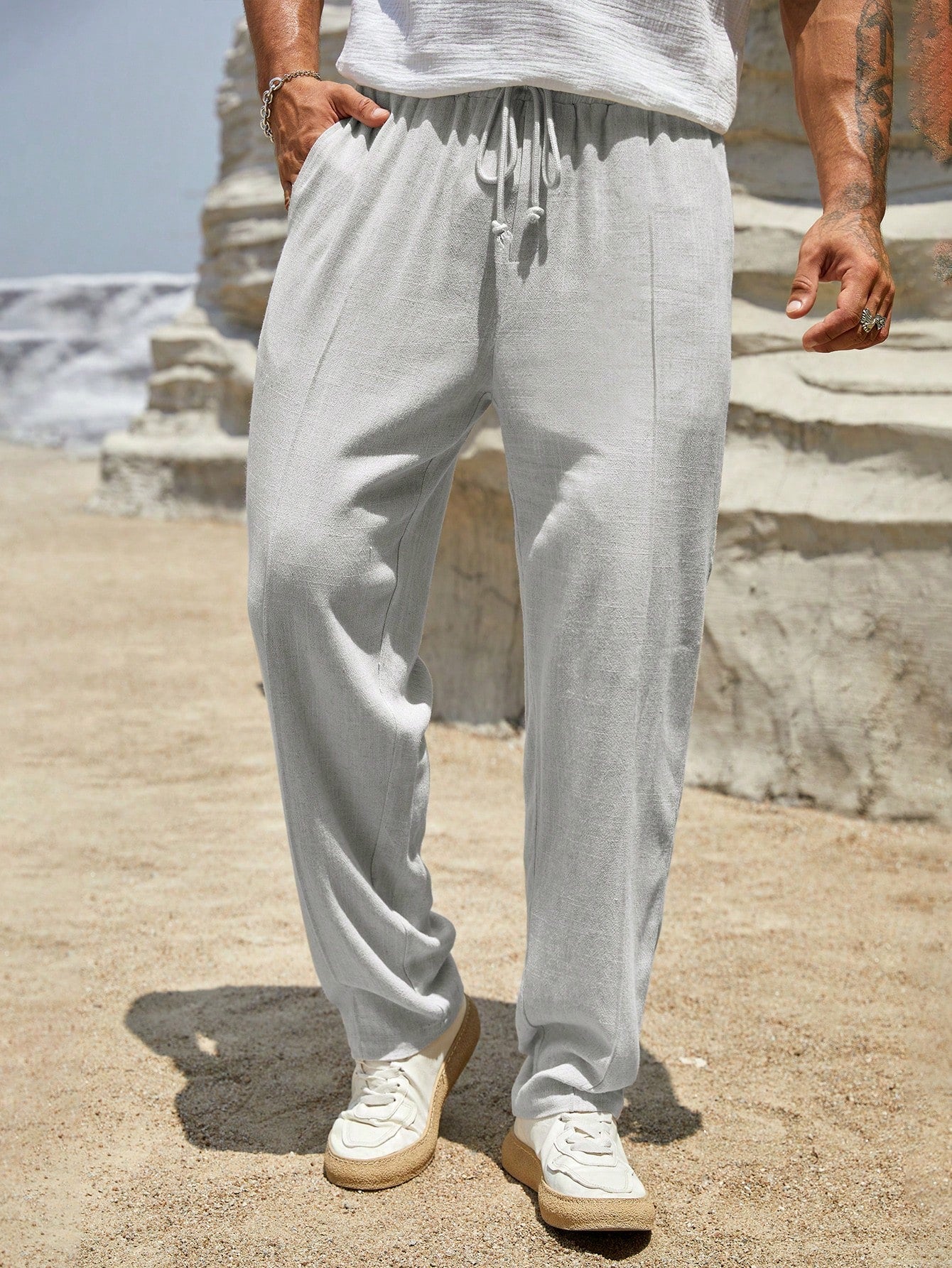 Men Drawstring Waist Seam Detail Pants