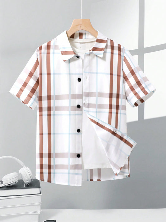 Tween Boy Casual Casual Short Sleeve Plaid Woven Shirt With Turn-Down Collar