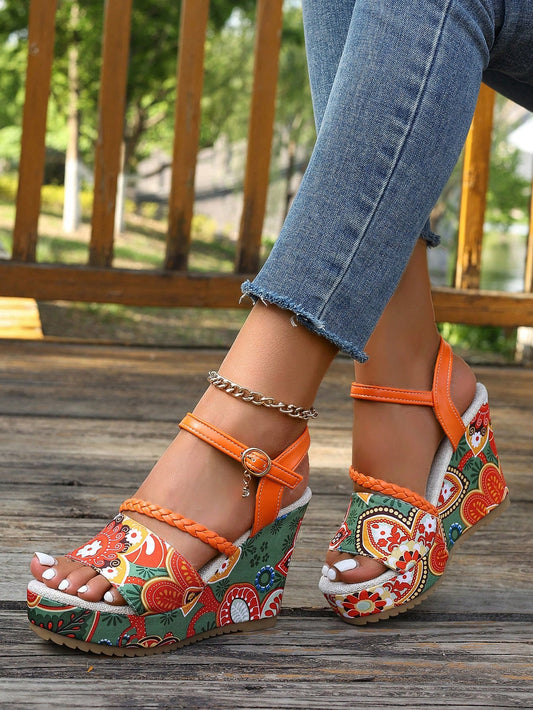 Women's Wedge Heel Thick-Soled Sandals, Random Patterns, Orange Buckled Beach Vacation Waterproof Platform High-Heeled Shoes, Summer