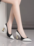 Women Pointed Toe Chunky Heel Pumps, New Fashion Color Block Black White Silver Patent Leather Shoes