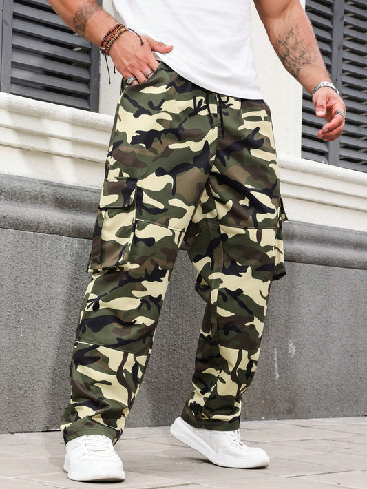 Plus Size Camouflage Printed Abstract Casual Pants With Pockets