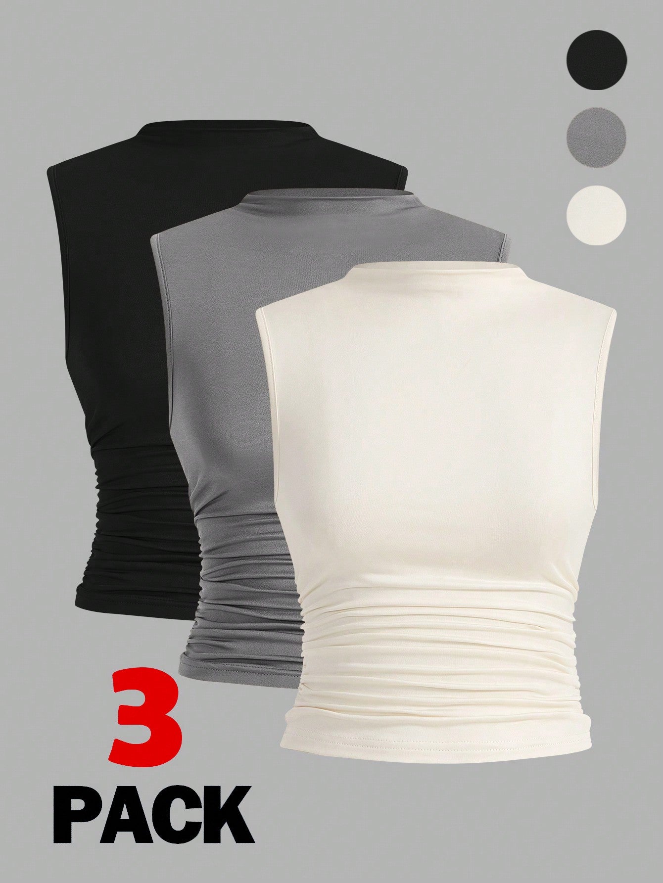 Plus Size 3-Pack Summer Basic Solid Color Tight Tank Top With Small Stand Collar And Pleated Detailing