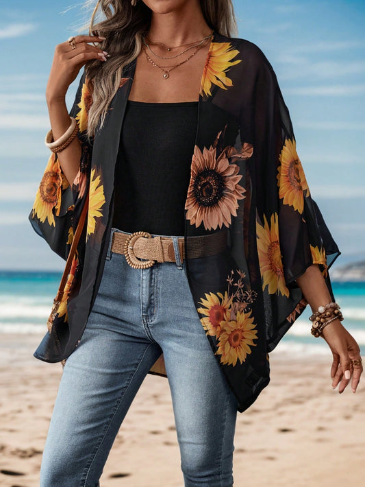 Women's Summer Holiday Casual Solid Color Sunflower Printed Kimono Cover Up