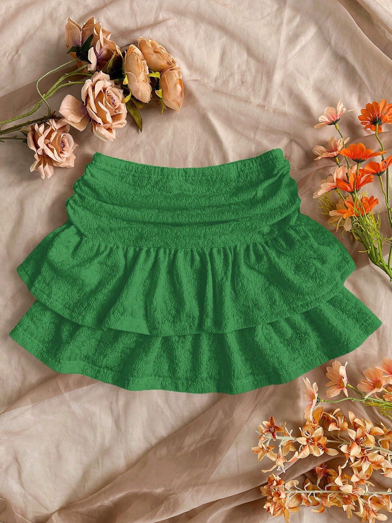 Women Solid Color Pleated Double-Layered Ruffle Hem Mini Skirt