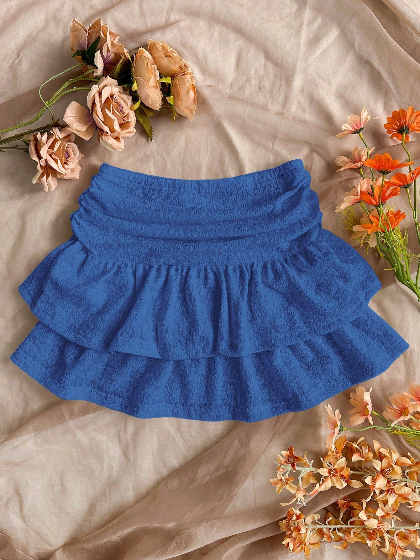 Women Solid Color Pleated Double-Layered Ruffle Hem Mini Skirt