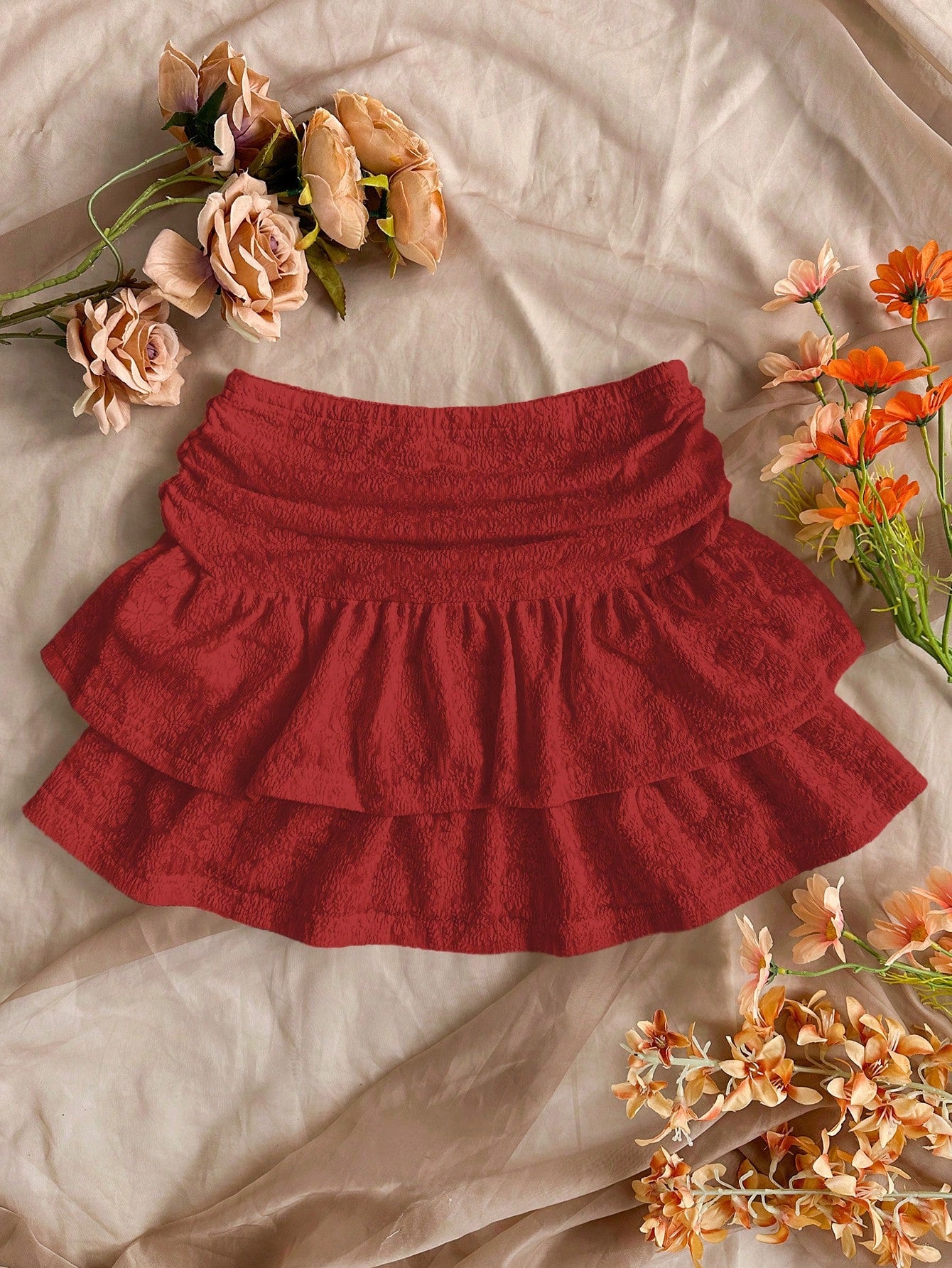 Women Solid Color Pleated Double-Layered Ruffle Hem Mini Skirt