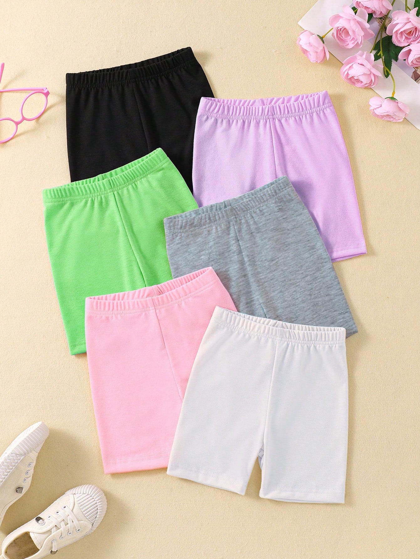 Young Girl Solid Color Casual Shorts, 6pcs/Pack, For Summer Outdoor Activities