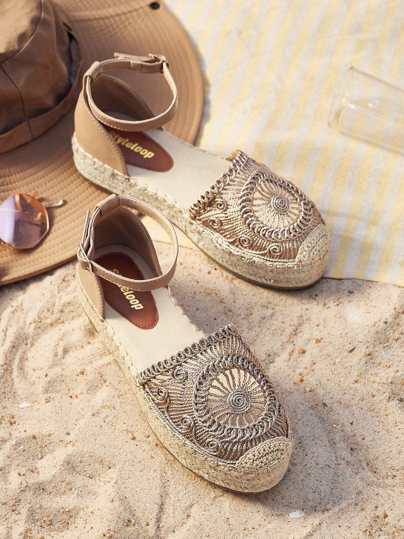Styleloop Woman Shoes Geometric Textured Espadrille Ankle Strap Flats For Summer Vacation Shoes Summer Sale  Back To School Shoes College Student Shoes Boho Feels Vintage Cottagecore Frenchy Shoes