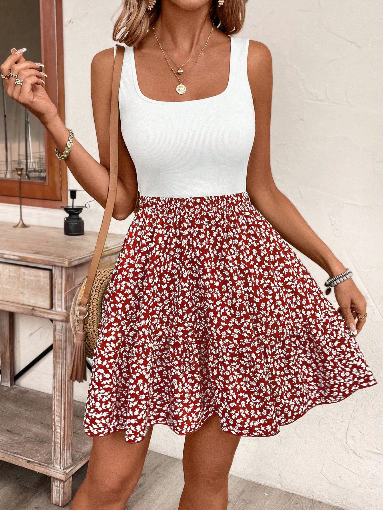 Frenchy Summer Vacation Ladies' Floral Pattern Sleeveless A Line Waist-Cinching Dress