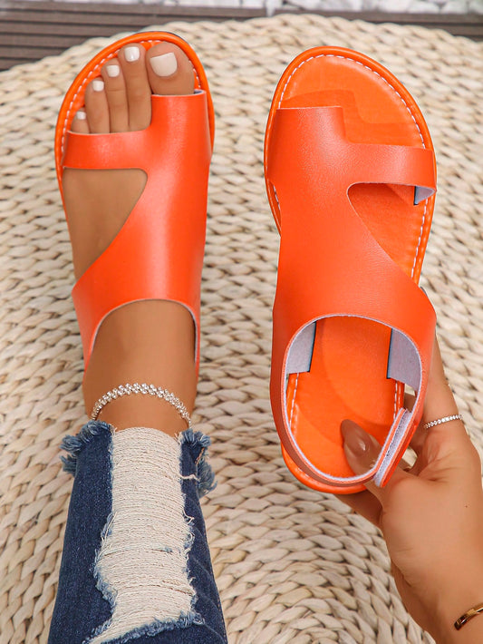 Women's Solid Color Plus Size Flat Sandals, Open Toe Round Toe Comfortable Soft Bottom Slippers For Summer