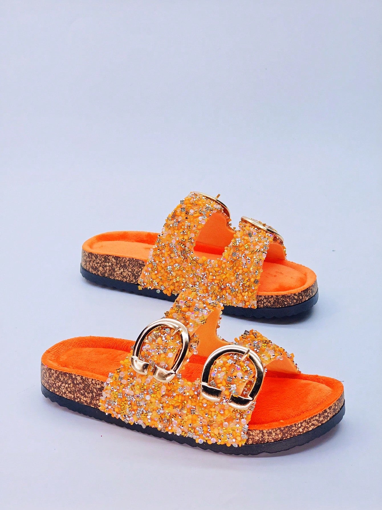 New Arrival Black Glass Diamond Glitter Fluffy Flat Slippers, Slide Sandals With Water-Resistant Buckle, Women's Flat Beach Shoes