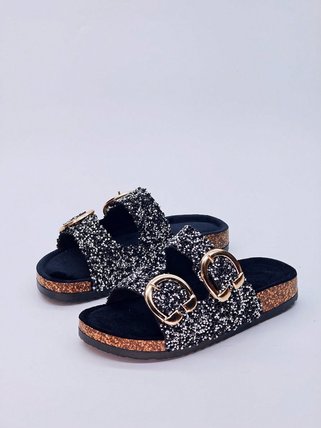 New Soft Cork Design Dual Strap Slippers With Glitter Diamond Decoration, Cushioned Footbed