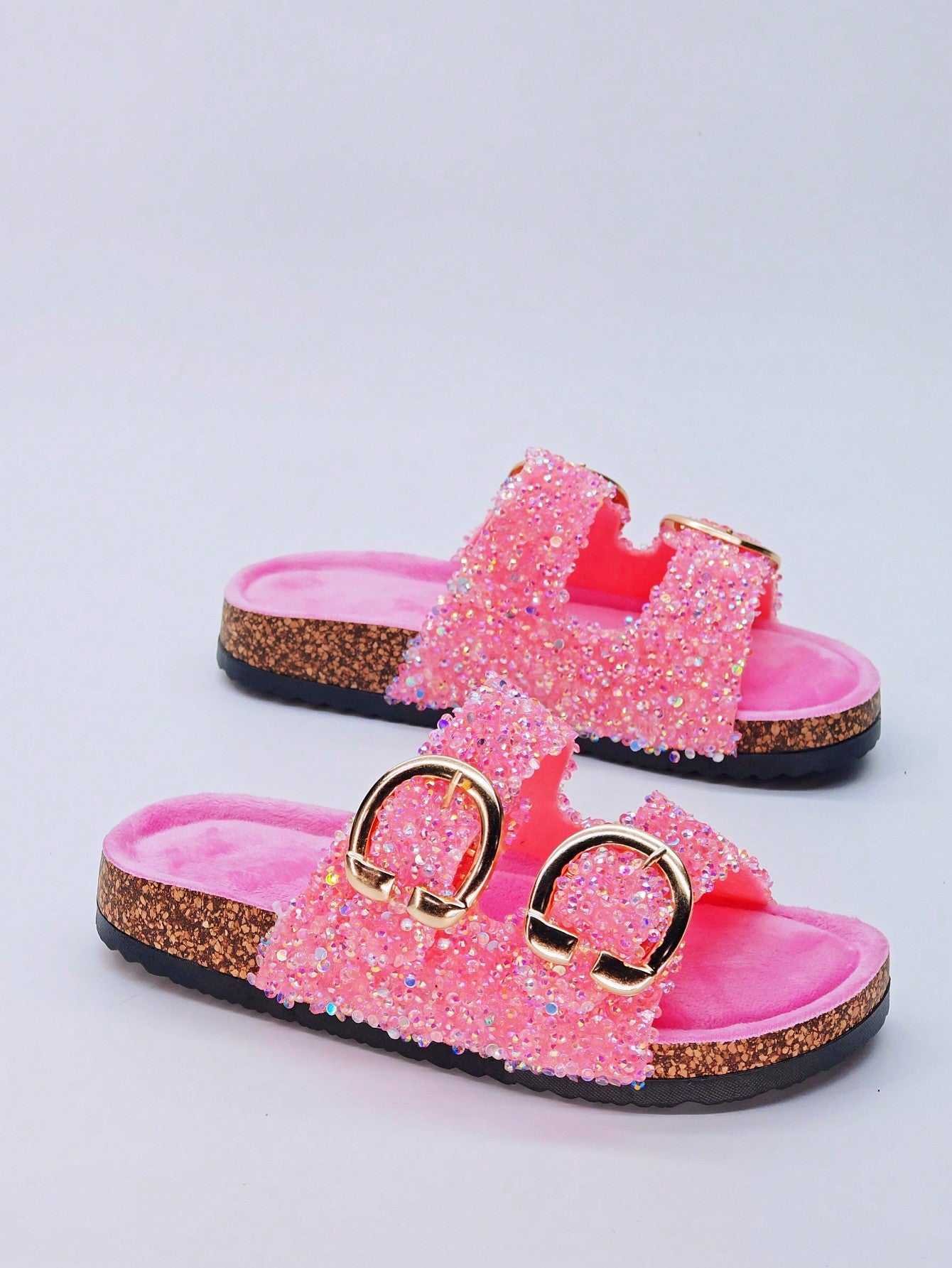 New Soft Cork Design Dual Strap Slippers With Glitter Diamond Decoration, Cushioned Footbed