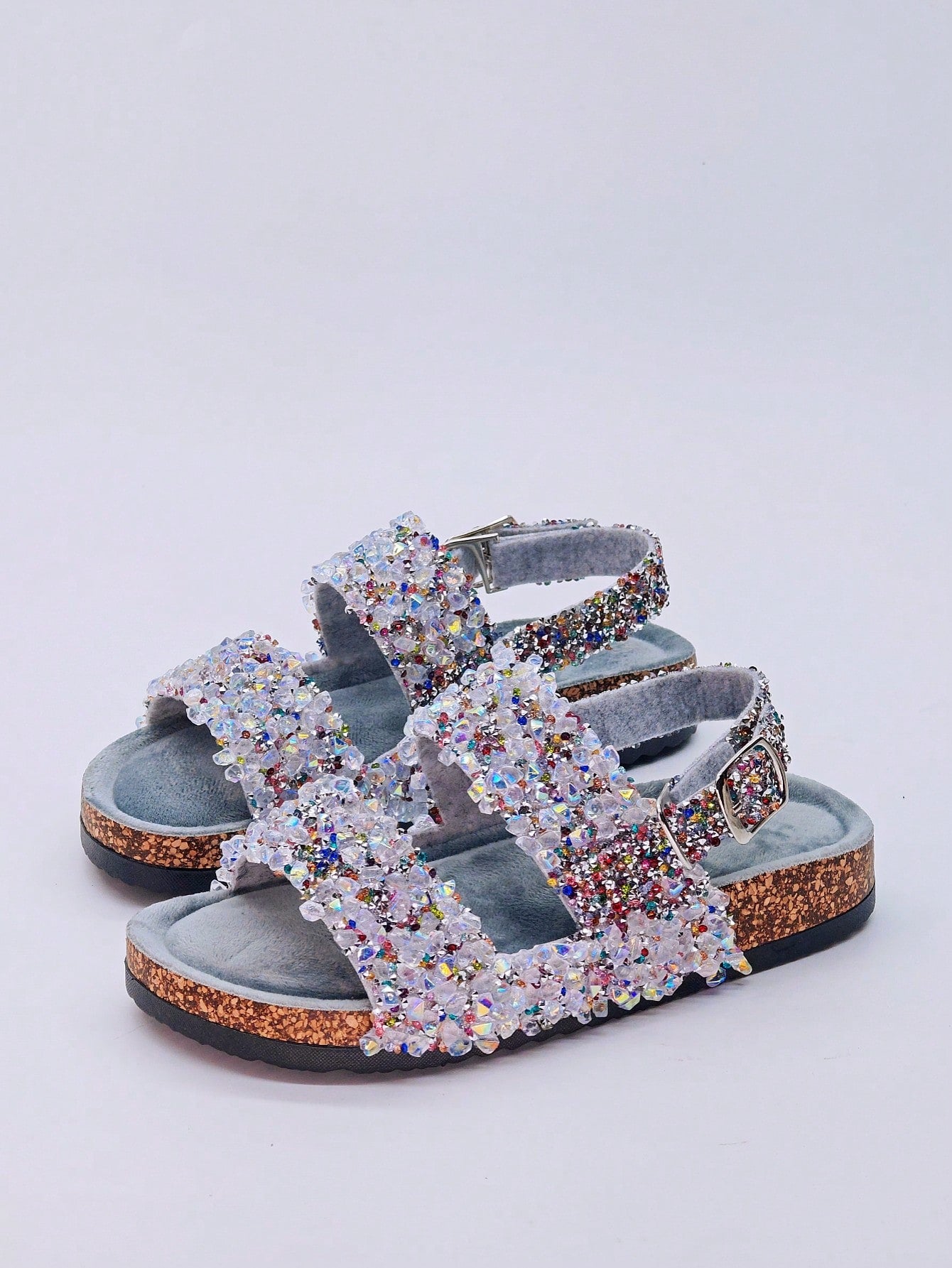 New Soft Cork Design Dual Strap Slippers With Glitter Diamond Decoration, Cushioned Footbed