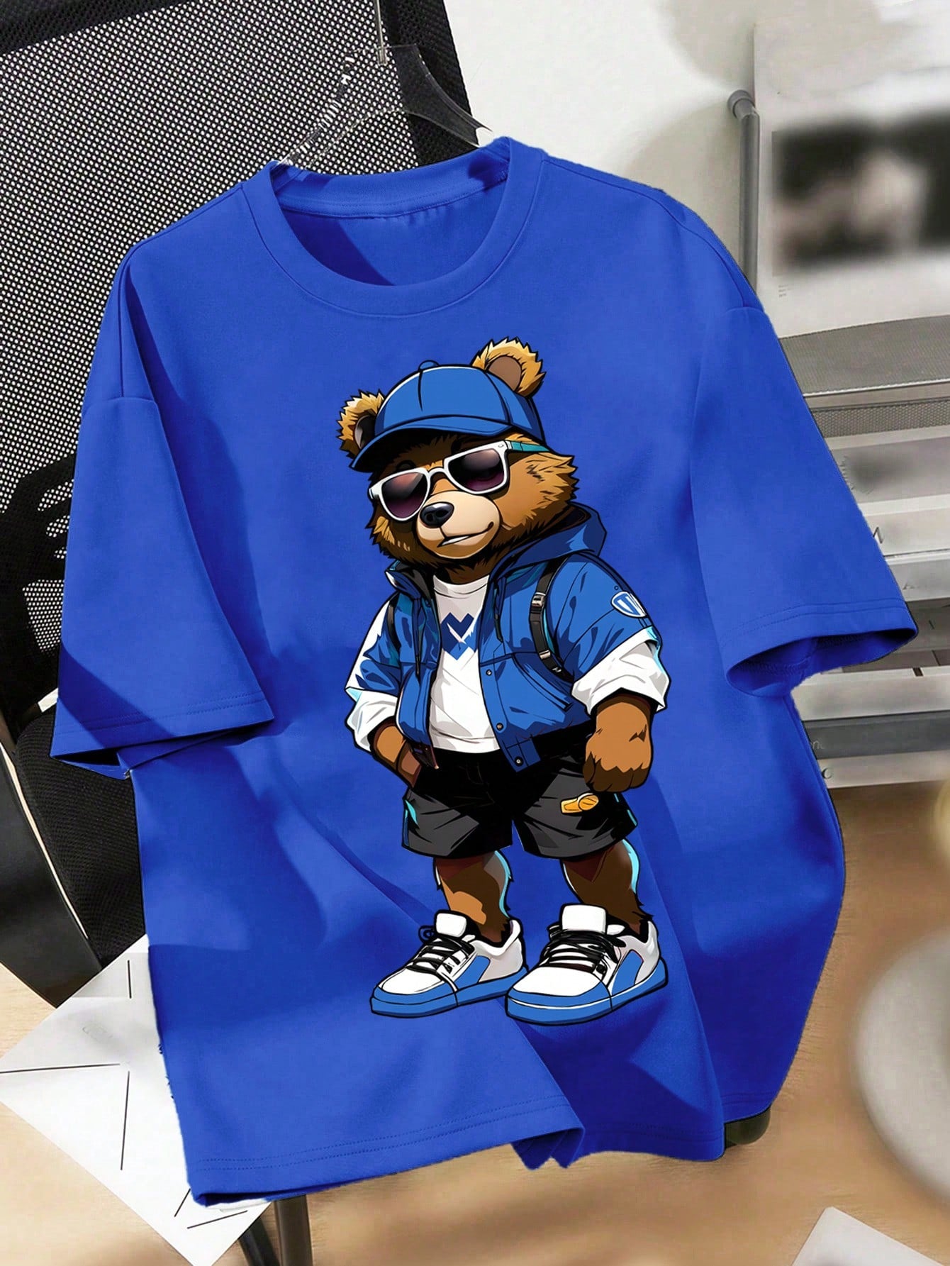 Teen Boy Casual Simple Cartoon Bear Pattern Round Neck Short Sleeve T-Shirt, Suitable For Summer