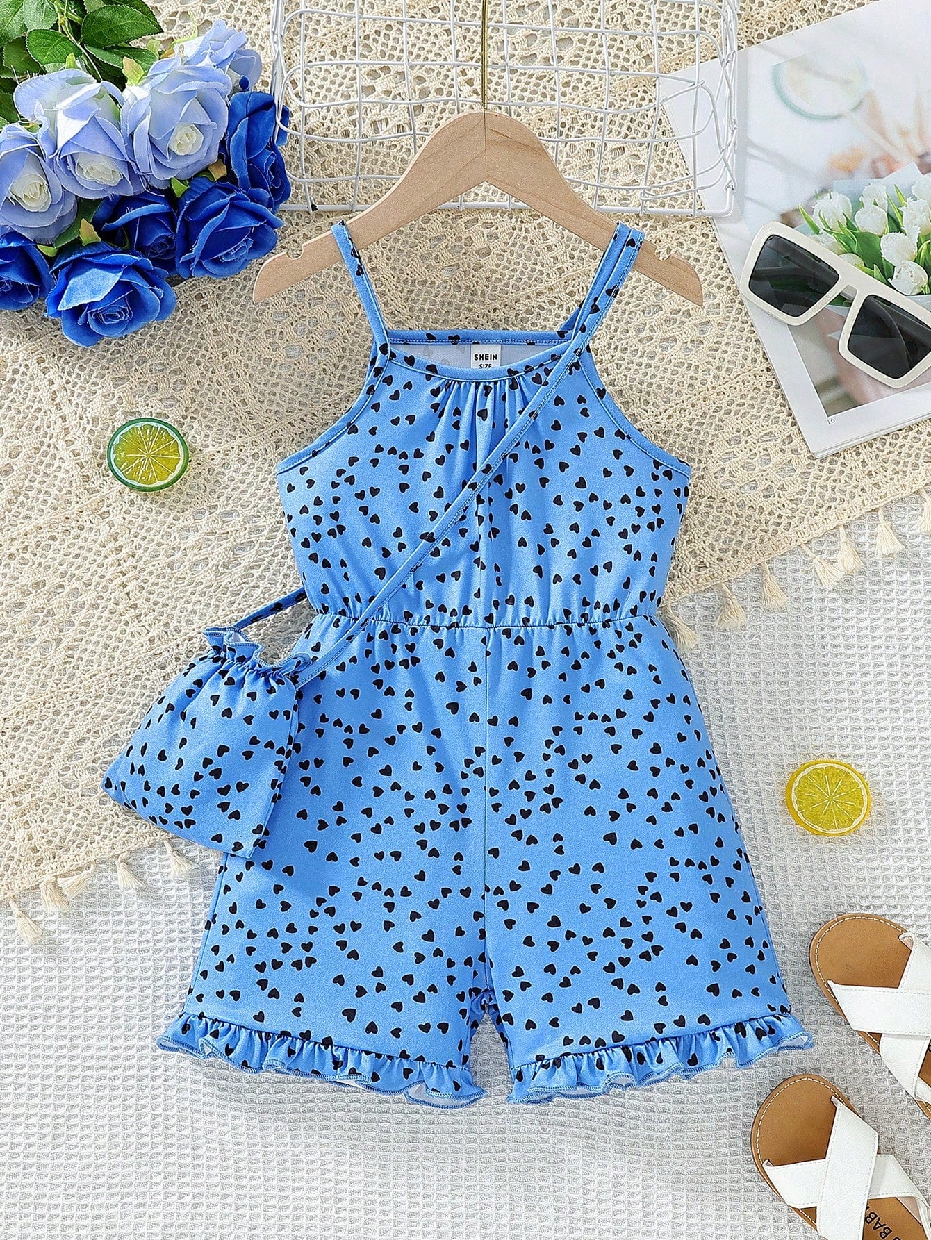 Young Girl New Heart Printed Sleeveless Jumpsuit With Elastic Waist And Spaghetti Straps