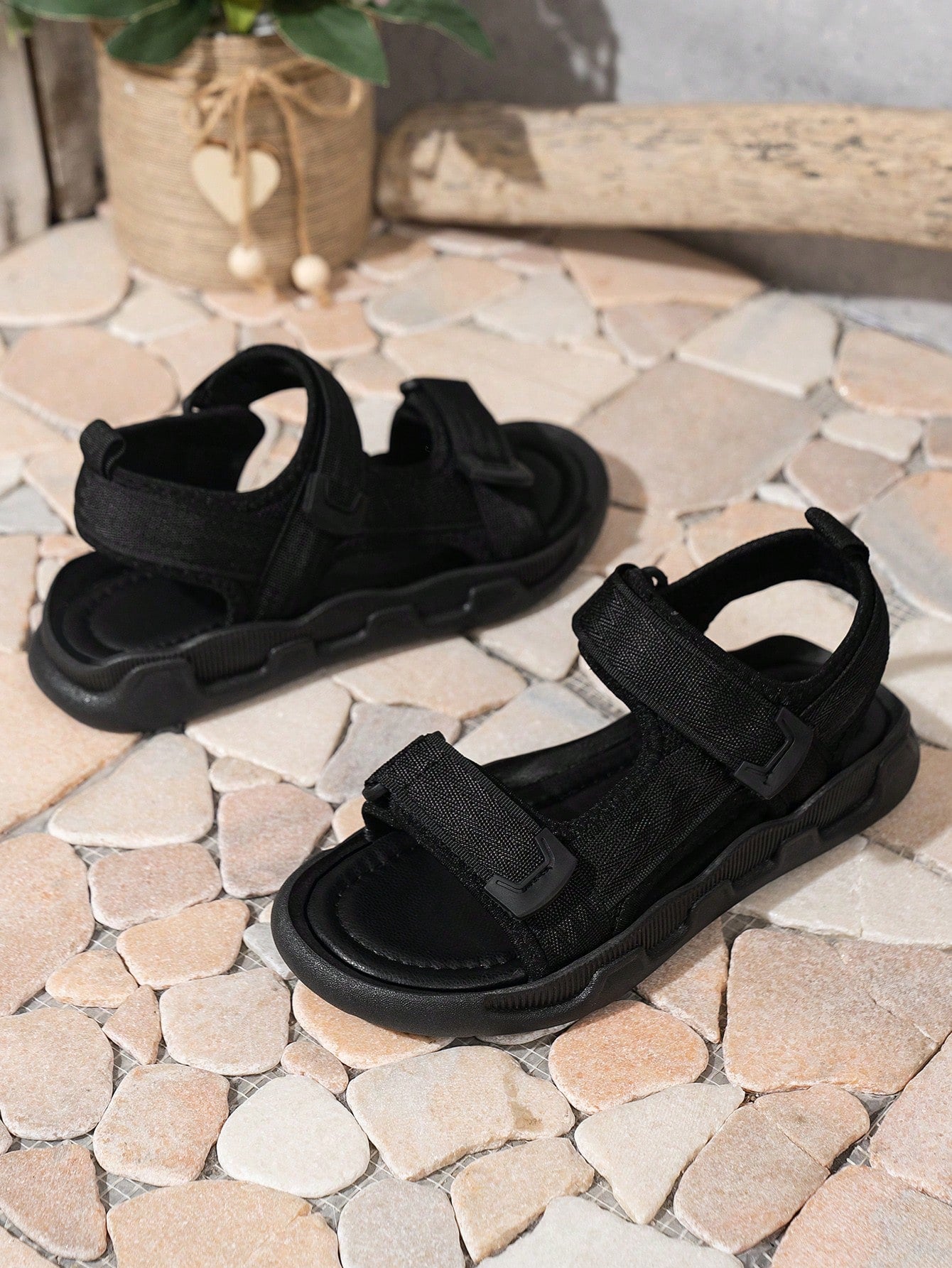 New Summer Teenage Girls' Sports Sandals With Open Toe, Hook-And-Loop Closure, Thick Platform And Soft Flat Sole