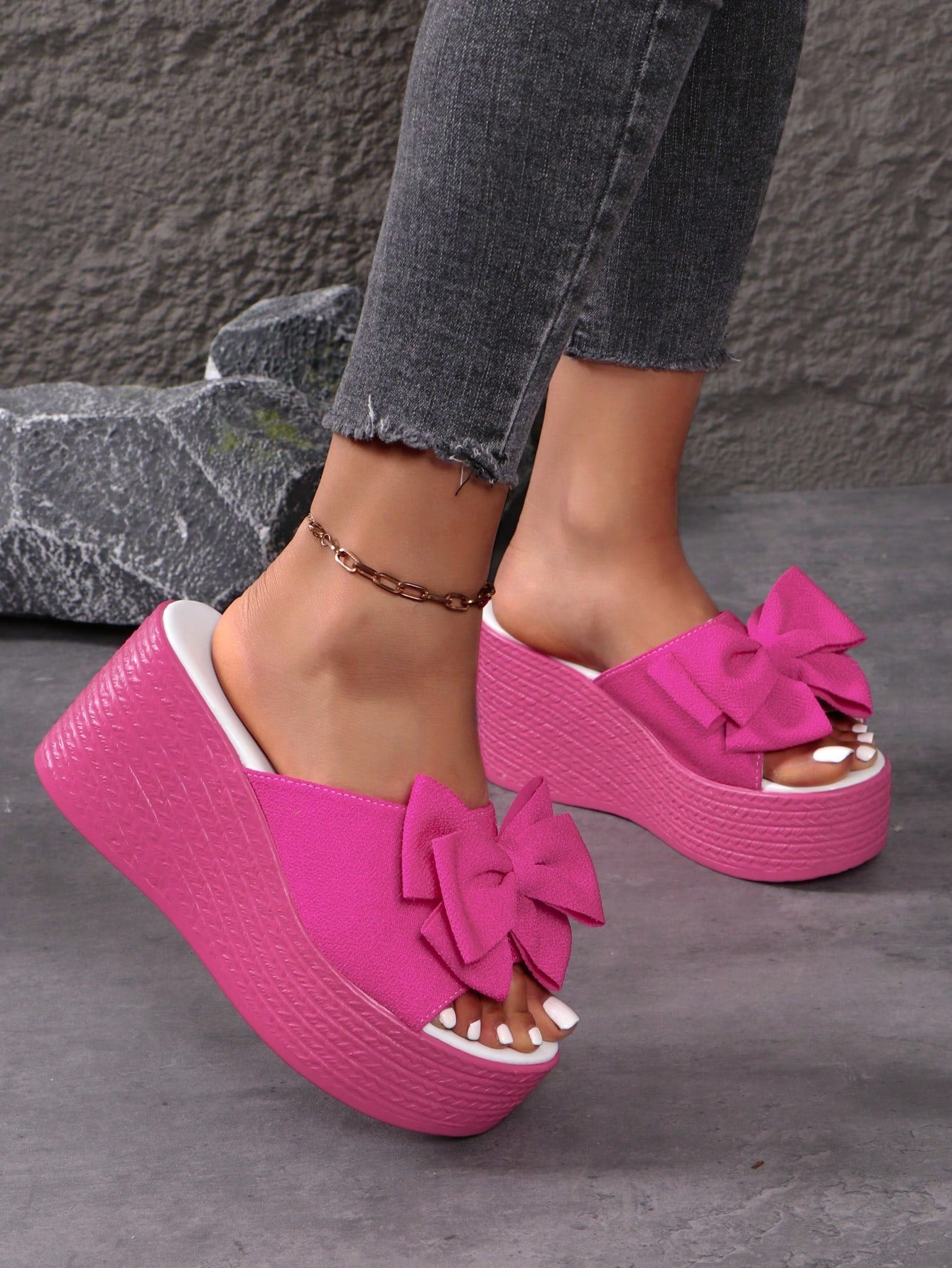 Women's Fashionable Open-Toe Platform Sandals With Bowknot And Wedge Heels