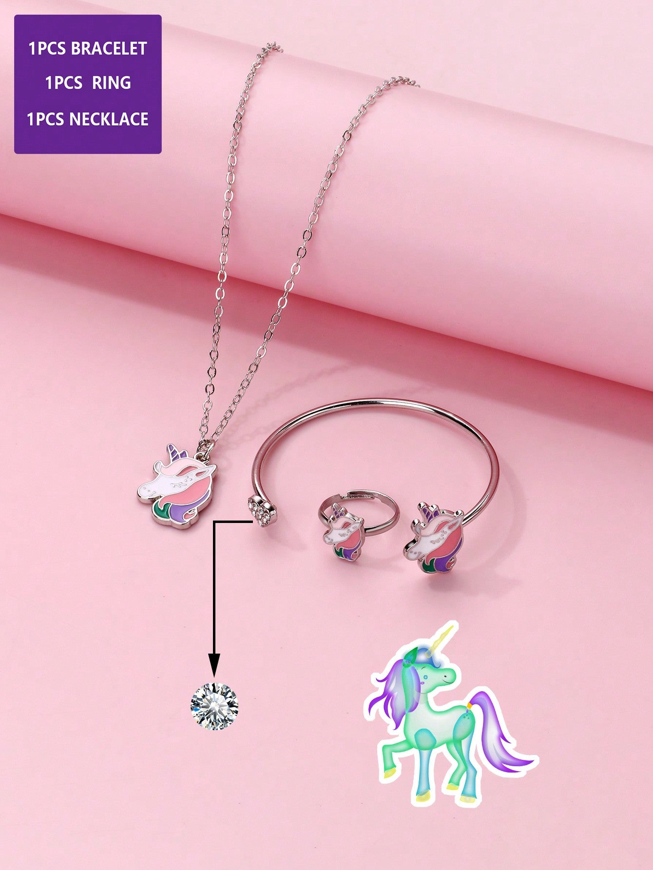 1pc Necklace + 1pc Bracelet + 1pc Ring Set For Girls, Cute Pink Cat Shape Zinc Alloy Jewelry With Clear Acrylic Diamond And Gold Plated, Suitable For Daily Wear