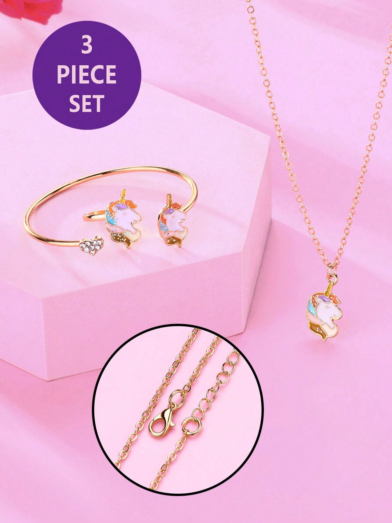 1pc Necklace + 1pc Bracelet + 1pc Ring Set For Girls, Cute Pink Cat Shape Zinc Alloy Jewelry With Clear Acrylic Diamond And Gold Plated, Suitable For Daily Wear