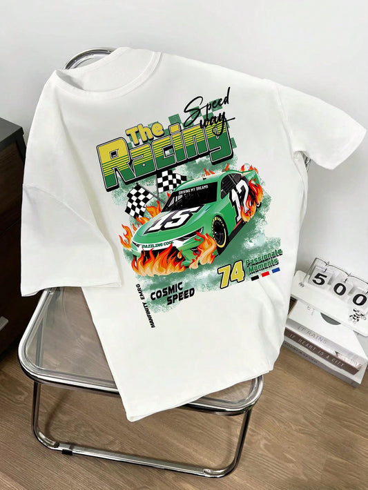 Tween Boy Summer Letter & Car Printed Round Neck Casual Short Sleeve T-Shirt