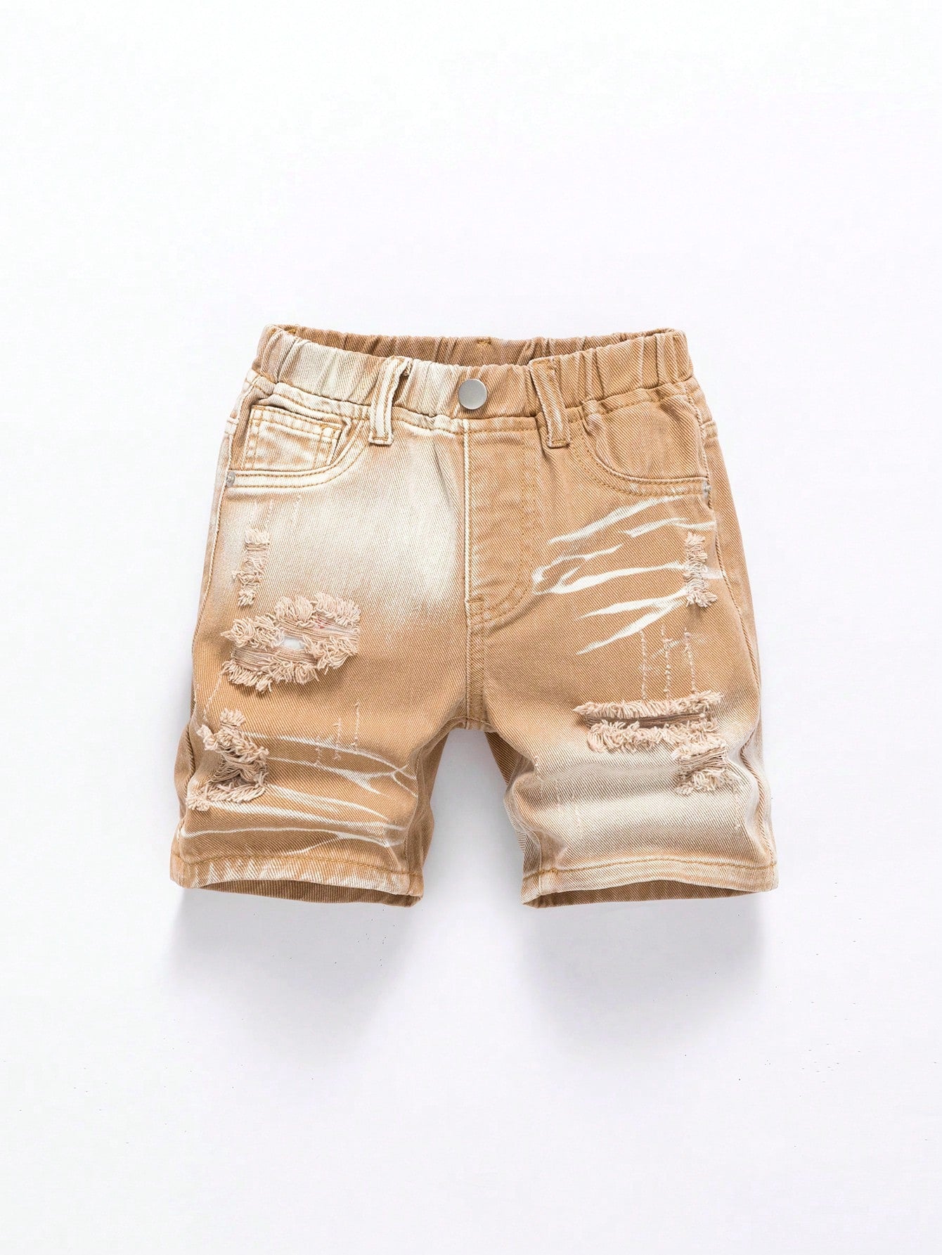 Young Boy Asymmetrical Mule Fashion Distressed Denim Shorts, Mid-Calf Length