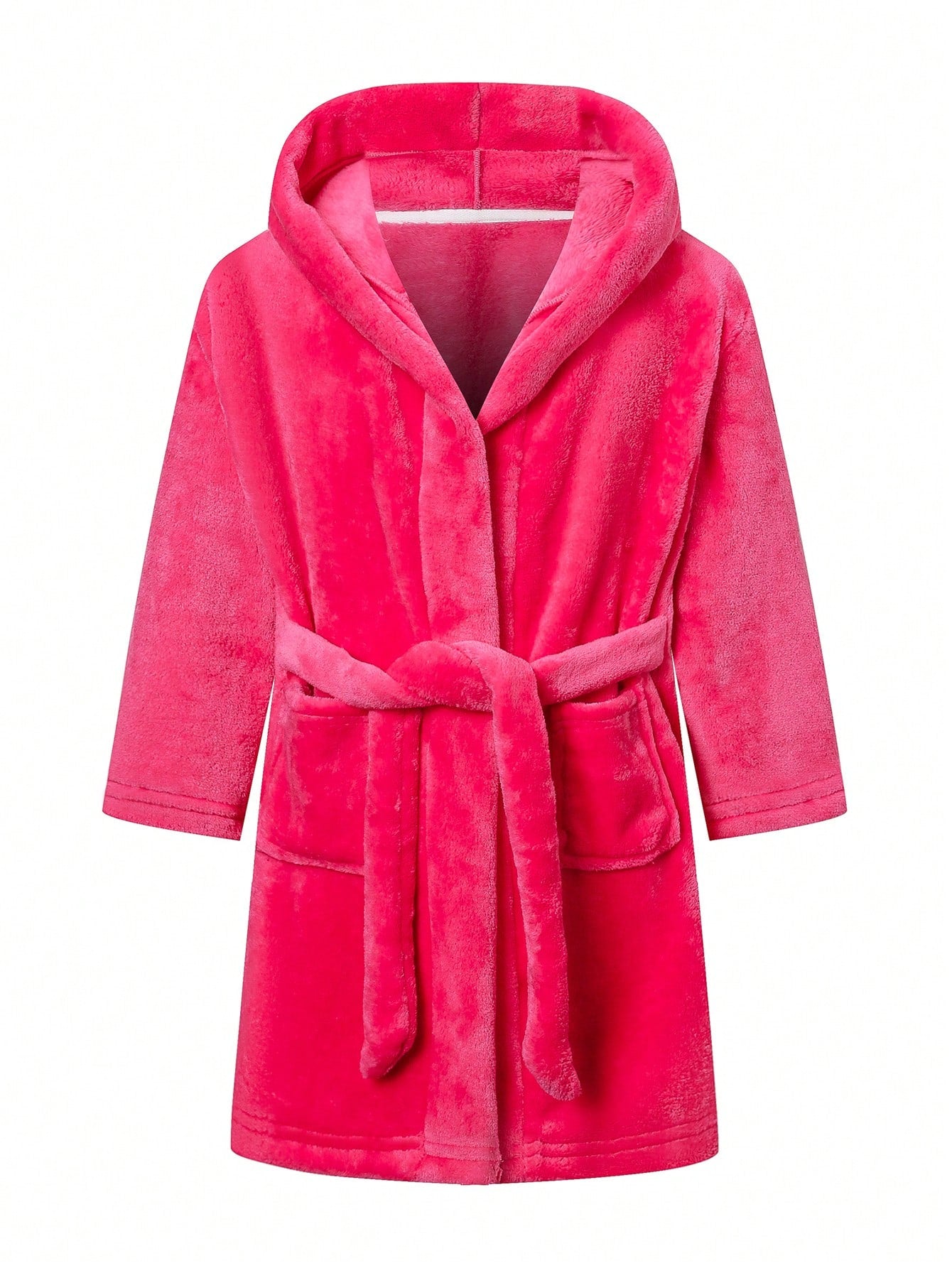 Young Girl Hooded Flannel Bathrobe With Belt, Long Sleeve, Pocket, Soft And Comfortable, Rose Red, Suitable For Wearing After Bath, Autumn And Winter Sleepwear