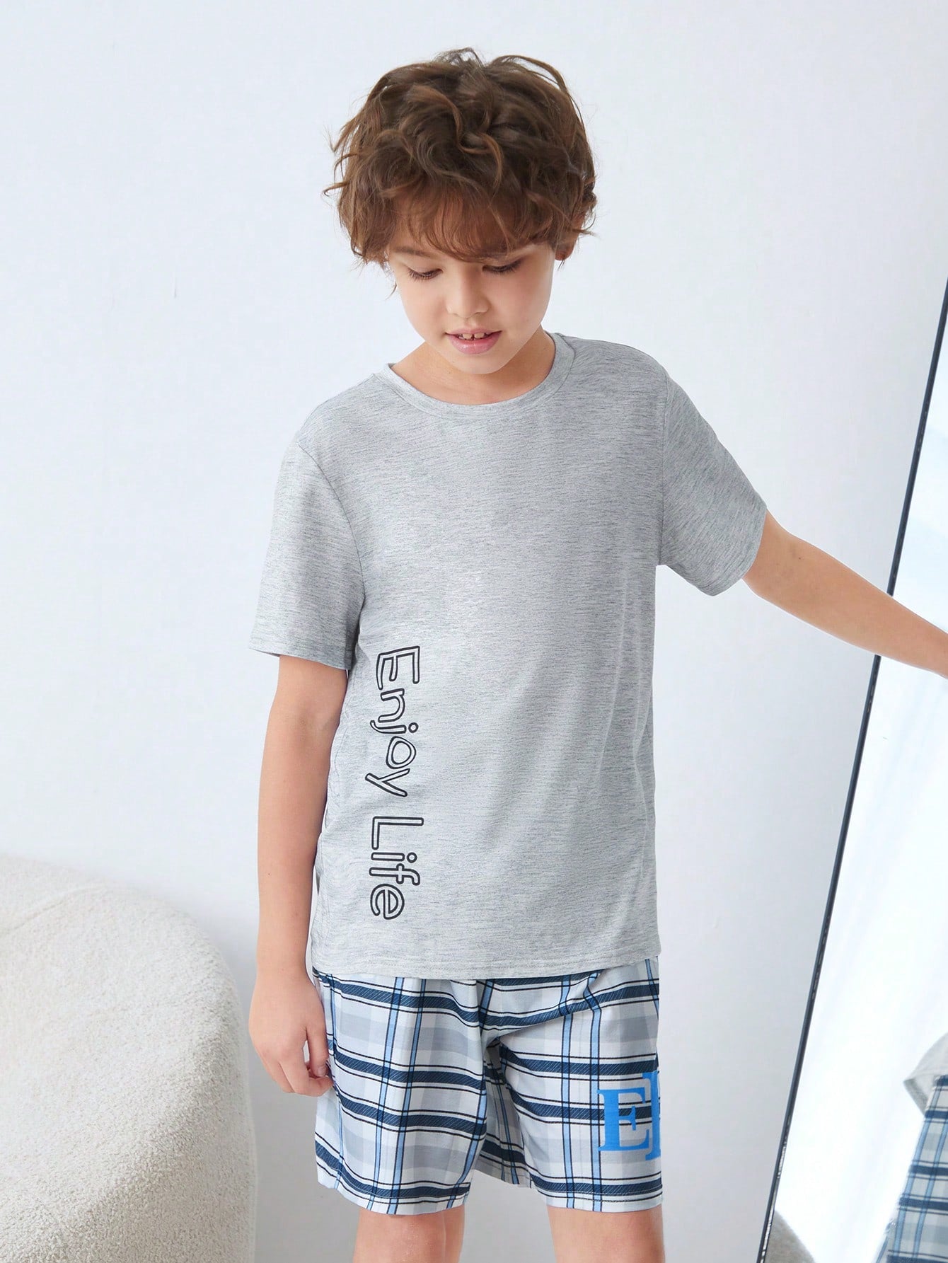 Tween Boy Tween Girl Summer Simple Loose Comfortable Letter Printed Short Sleeve T-Shirt And Plaid Shorts Knit Flame Retardant Home Sleepwear 2pcs/Set