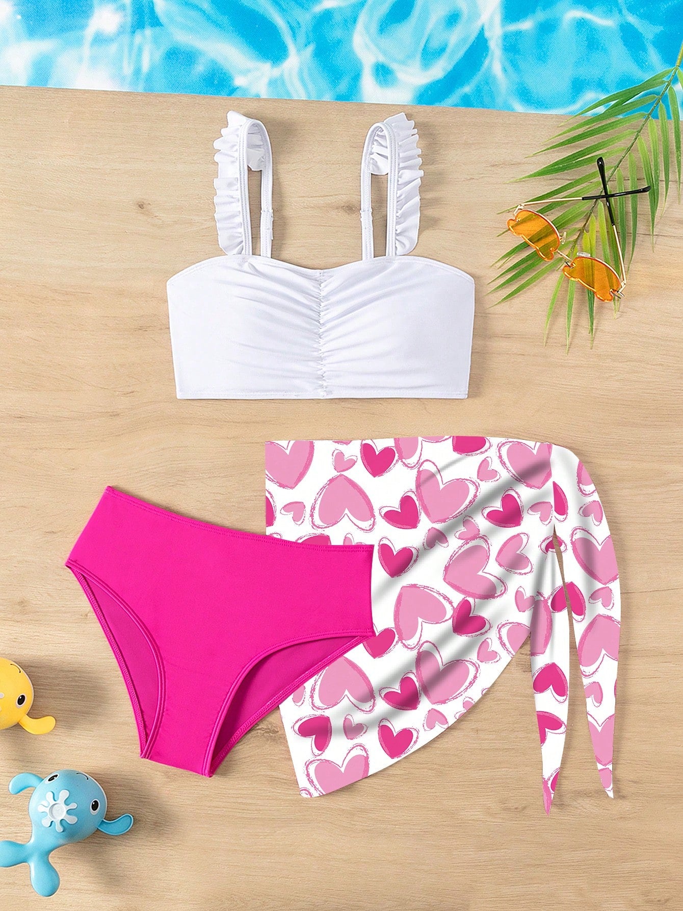 Young Girl Heart Flower Patterned Bikini Set 3-Piece Set, Fashionable Vacation Beachwear, Mommy And Me Matching Outfits (3 Sets Sold Separately) Summer Beach