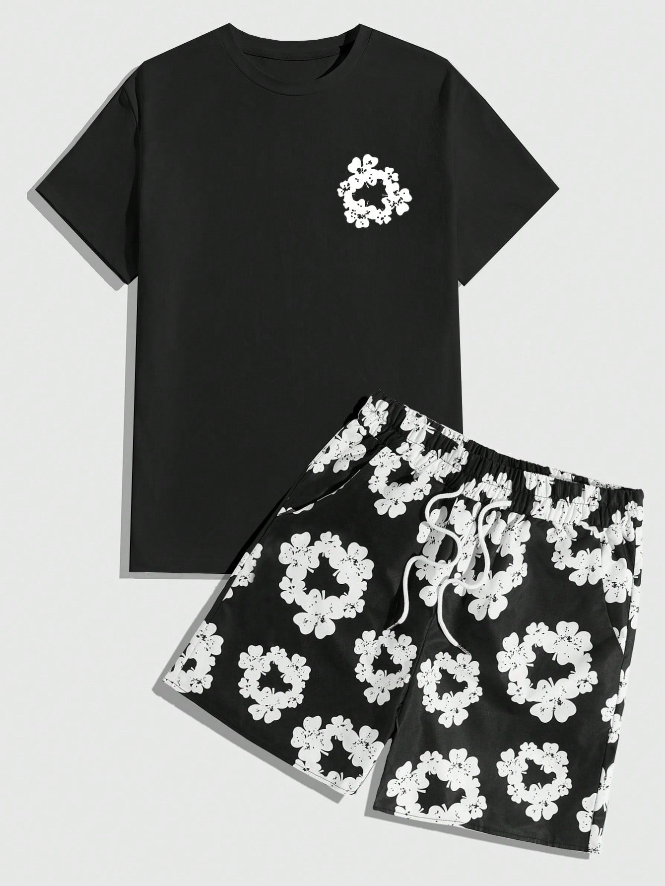 Street Life Men's Floral Print Round Neck Short Sleeve Casual T-Shirt And Drawstring Waist Shorts Set, Summer