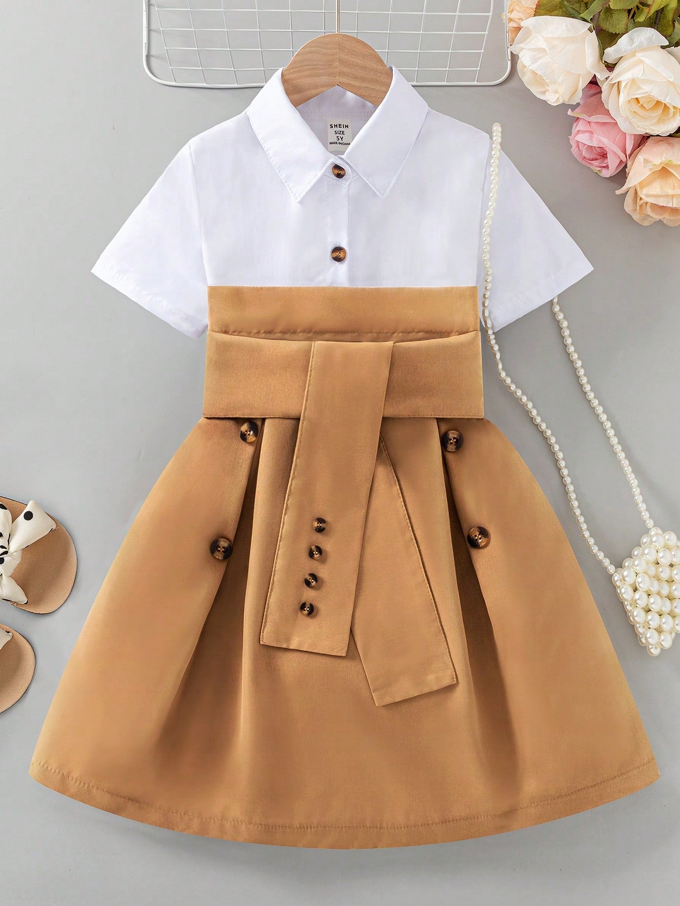 Young Girls' Elegant Shirt Collar Dress With Waist Belt And Design Elements