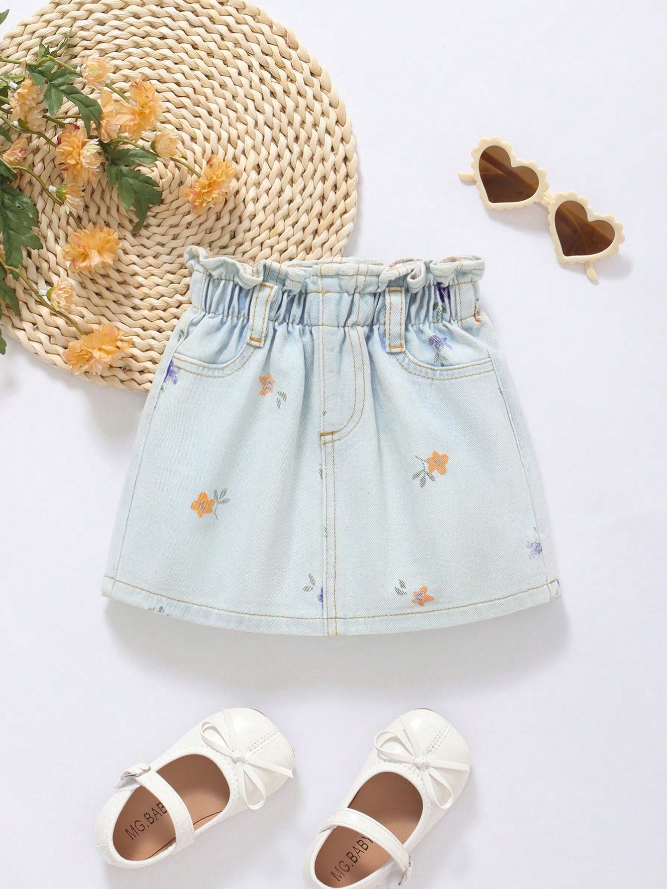 Young Girl's Casual Elastic Waist Denim Skirt With Ditsy Floral Print, Summer