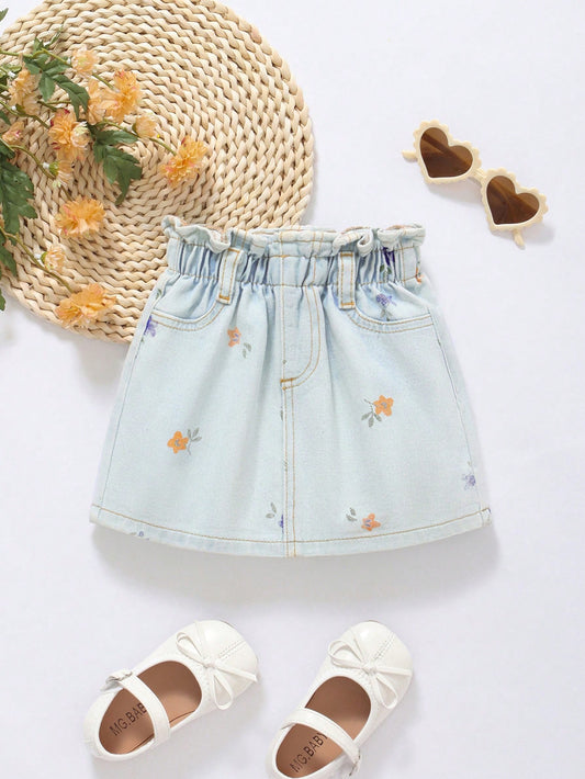 Young Girl's Casual Elastic Waist Denim Skirt With Ditsy Floral Print, Summer