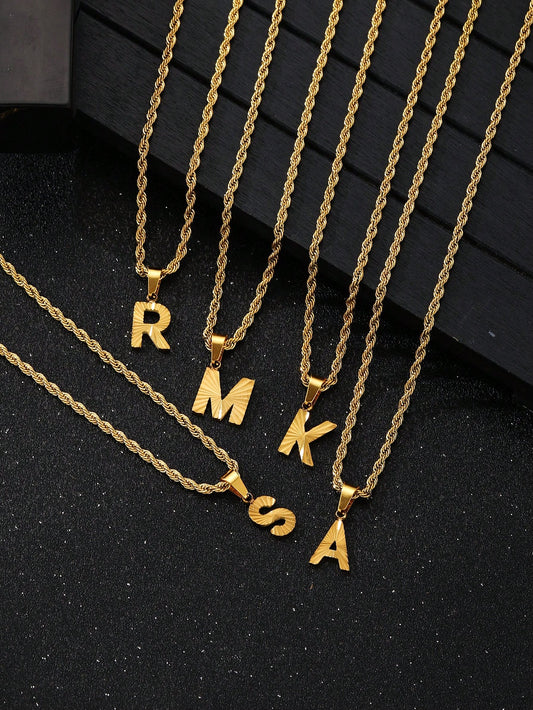 1pc Personalized Stylish Golden Plated Initial Letter Pendant Twisted Rope Chain Stainless Steel Necklace A-Z Customized Name Alphabet Choker For Boys Girls For Party Banquet  Vacation Street Fashion Jewelry For Children Birthday Gift