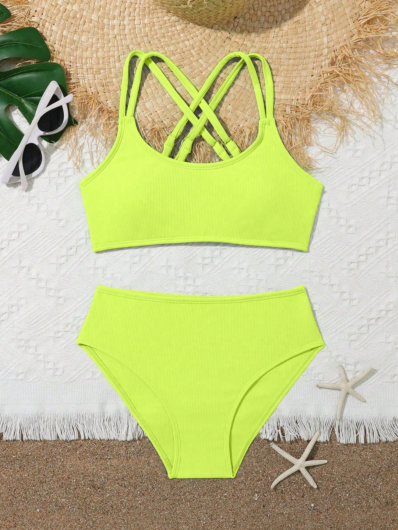 Tween Girl Summer Beach Two-Piece Ribbed Criss-Cross Shoulder Strap Bikini Set Bathing Suit