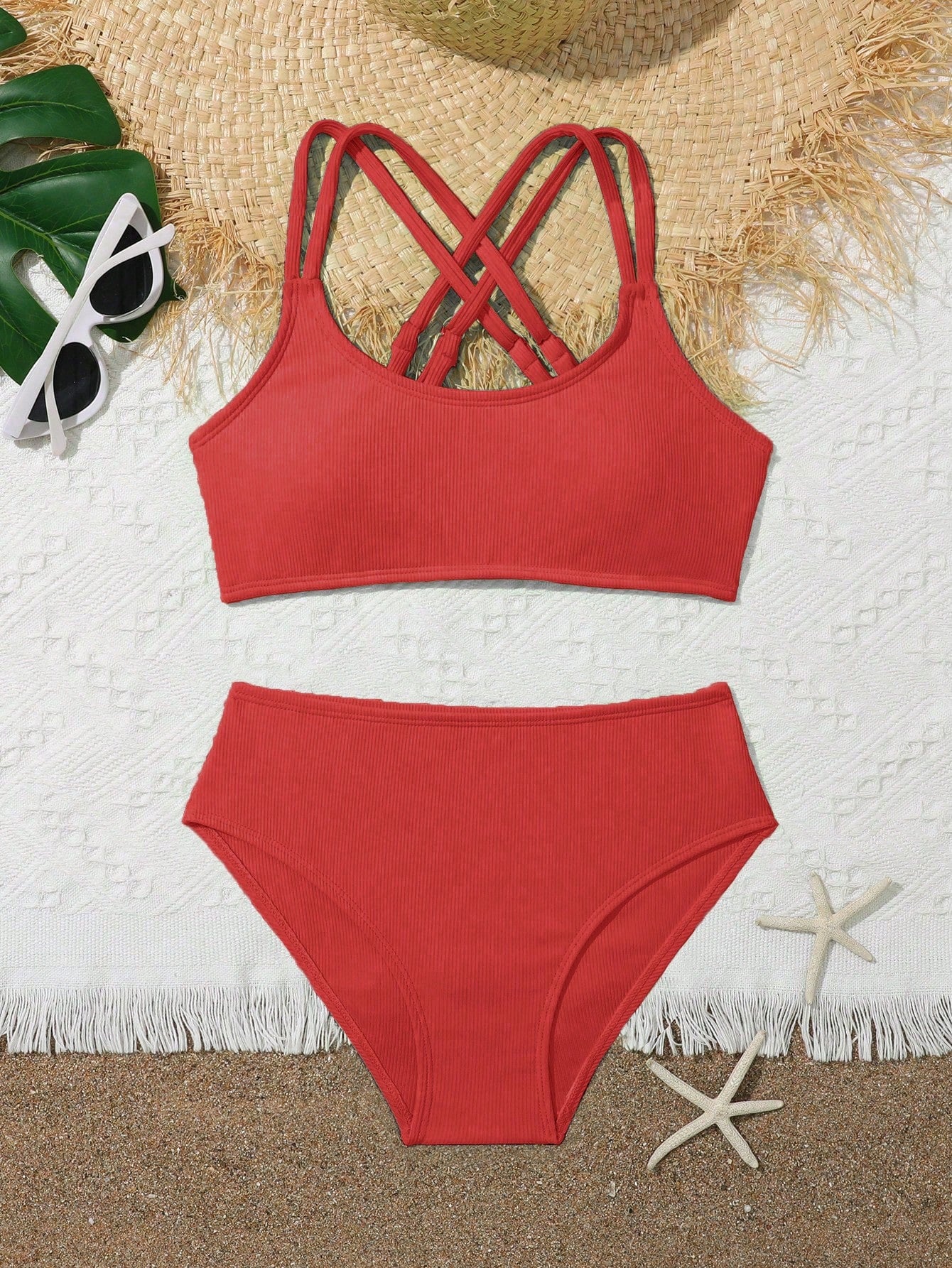 Tween Girl Solid Color Ribbed Knit Separate Bikini Set, Spring/Summer Summer Beach