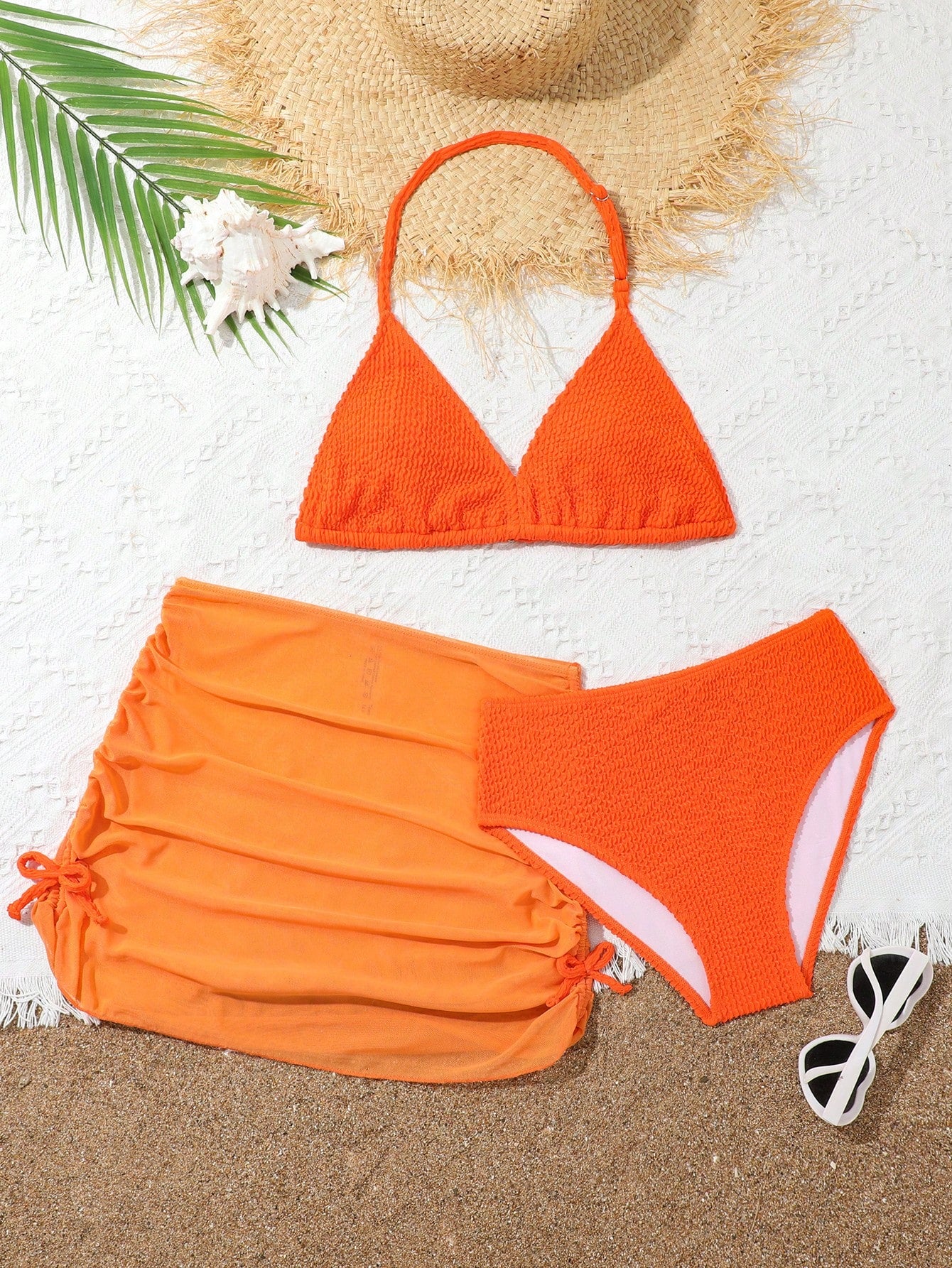 Teenage Girls' Solid Color Triangle Halter Bikini Set With Mesh Beach Skirt