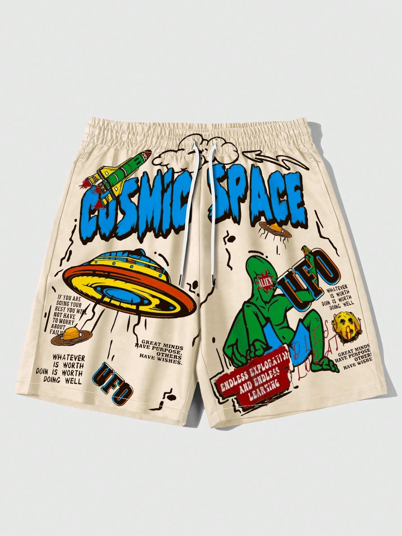 Street Life Men's Space Printed Woven Drawstring Shorts, Suitable For Daily Wear In Spring And Summer