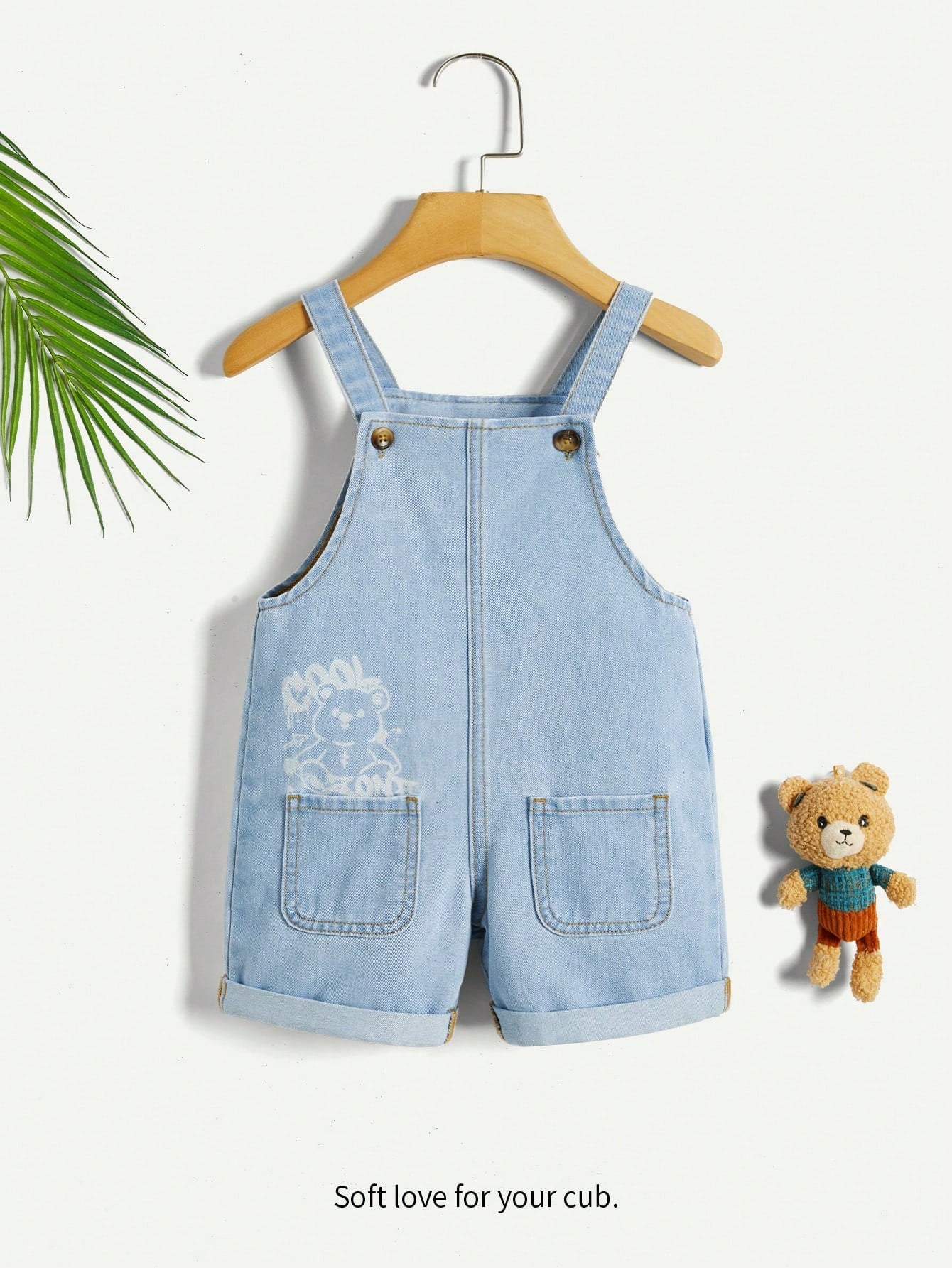 Cozy Cub Young Boy Casual Fashionable Cute Koala Print Short Adjustable Strap Blue Denim Boy Overalls For Dailywear And Vacation