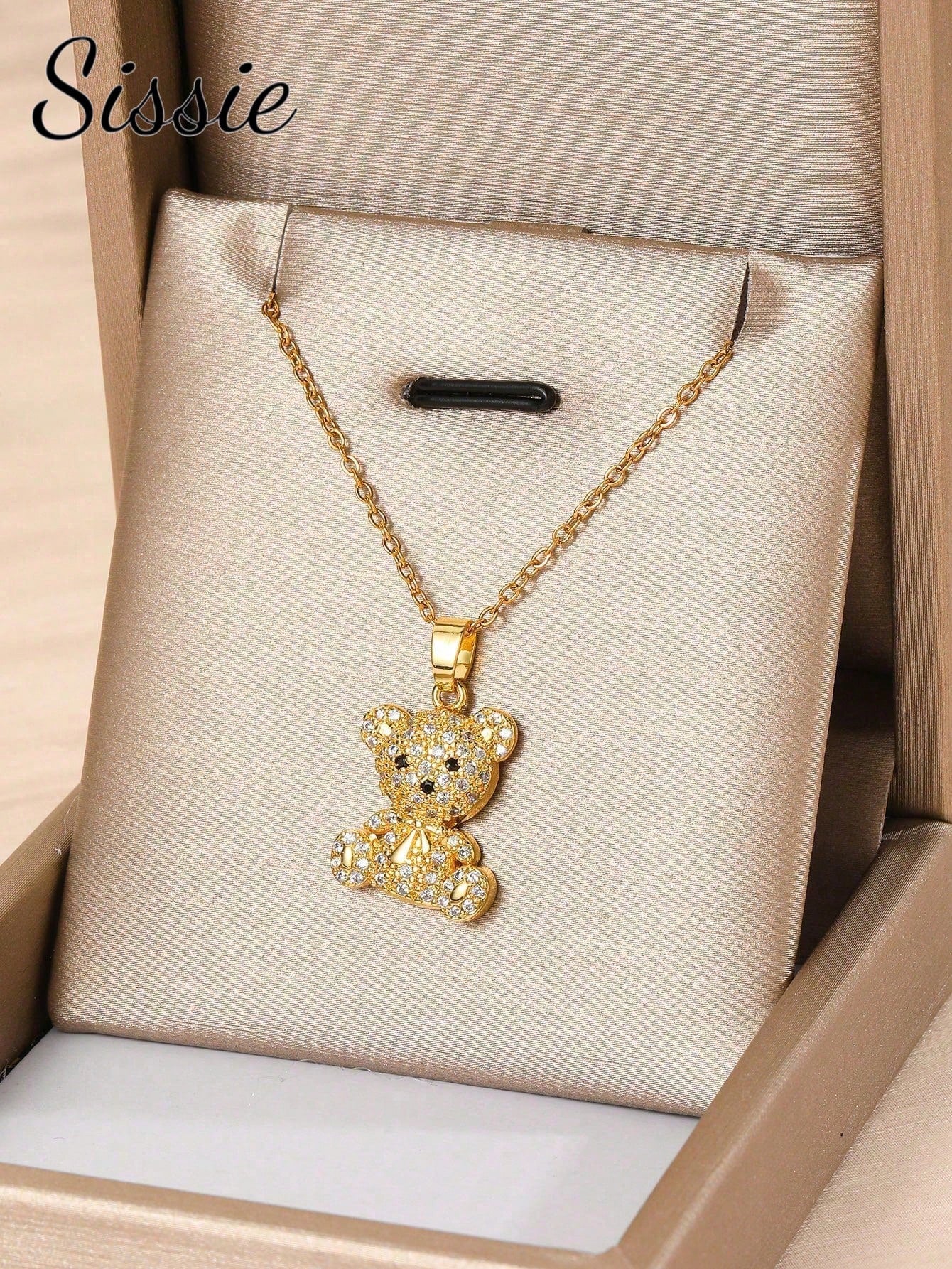 1pc Teen Girls Exquisite Cute Cubic Zirconia Decor Bear Pendant Stainless Steel Necklace For Children Fashion Party Banquet Holiday Street Jewelry For Daily Wearing For Kids Birthday Gift  Back To School