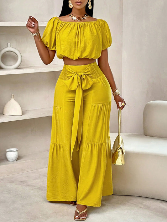 Summer Beach Vacation Style One-Shoulder Puff-Sleeved Ruffled Strapless Crop Top & Wide Leg Pants Set For Summer