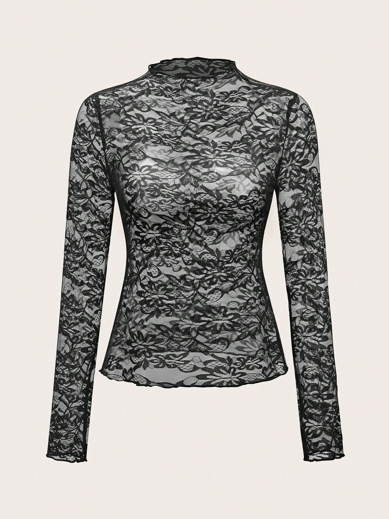 Lace Trimmed Slim Fit Long Sleeve Top